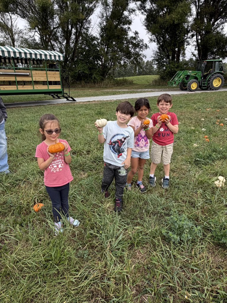 Three children standing in a field of tall grass holding pumpkins.
