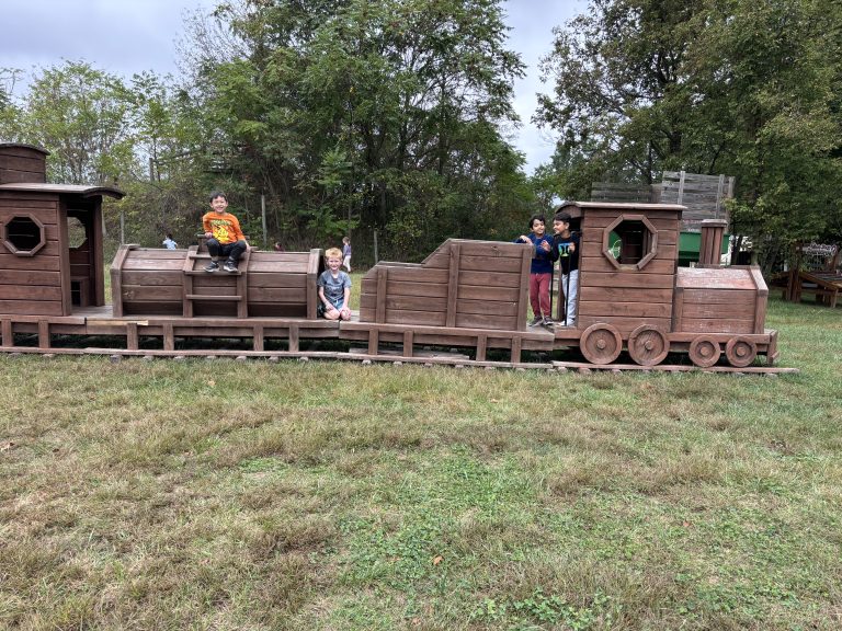 Wooden train on display in a park.