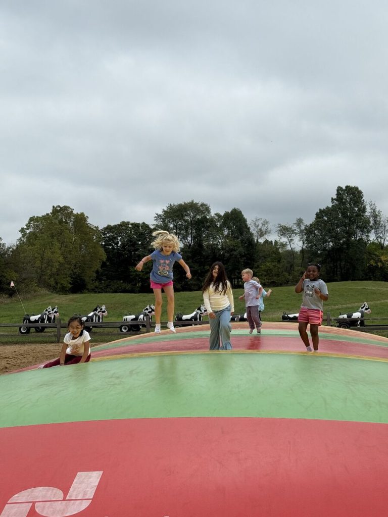 Children playing on a trampoline in an open field.